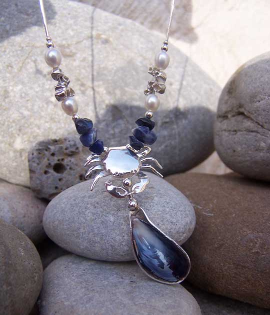 shore crab and blue mussel necklace