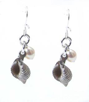 whelk and pearl earrings in silver by Pa-pa